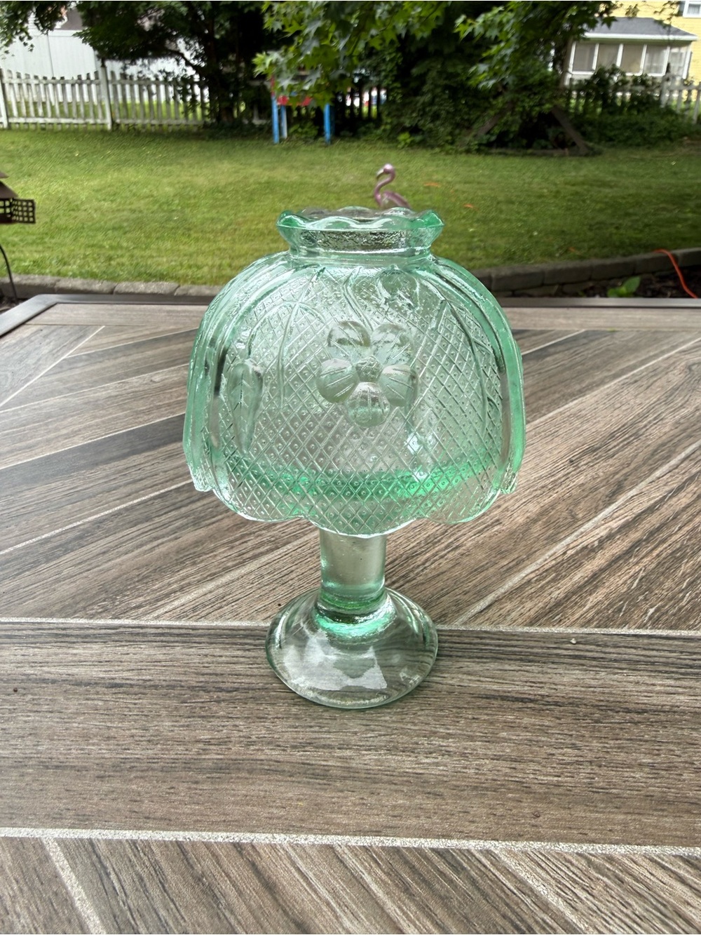 Vintage Pressed Glass Floral Decorative Fairy Lamp in Light Green Tea Light